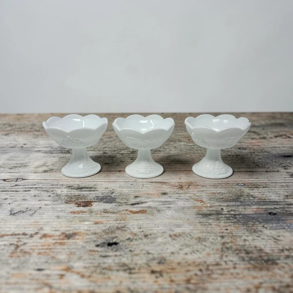Vintage Indiana Colony Harvest Grape Milk Glass Footed Candle Holders Set 3